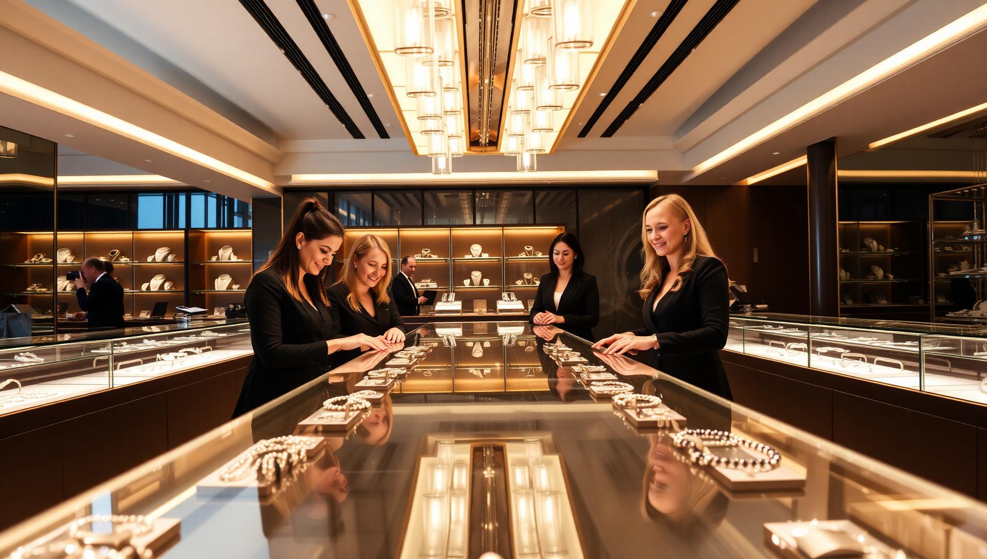 Australian jewellers assisting clients in an upscale boutique